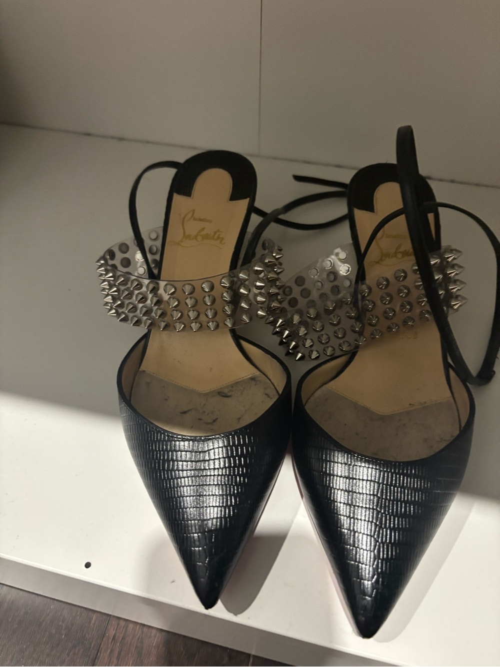 Christian Louboutin Black Pointed Studded Slingbacks